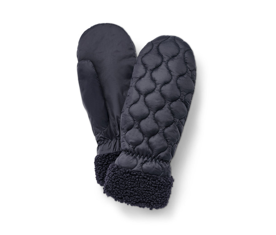 Zwei marineblaue Stepp-Fäustlinge mit Kunstfellbesatz.