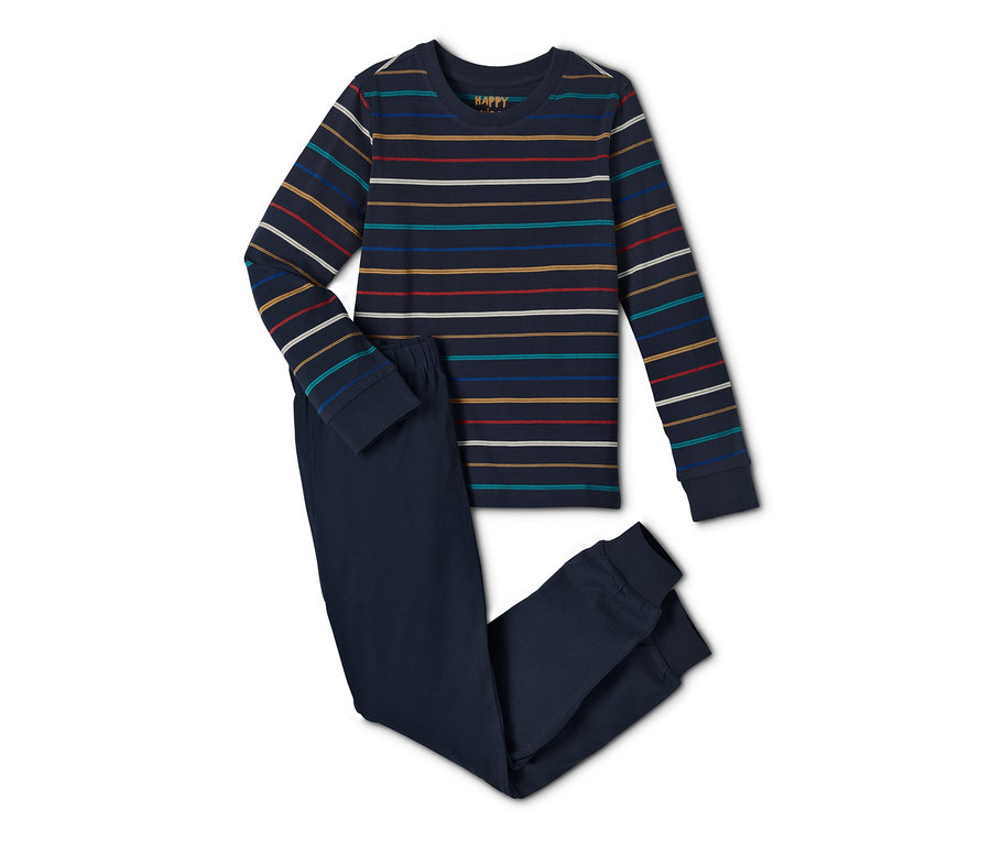 Marineblauer Pyjama mit Streifen. Das Oberteil hat lange Ärmel.