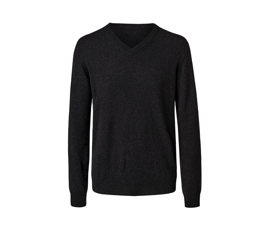 Dunkelgrauer Cashmere-Pullover mit V-Ausschnitt.