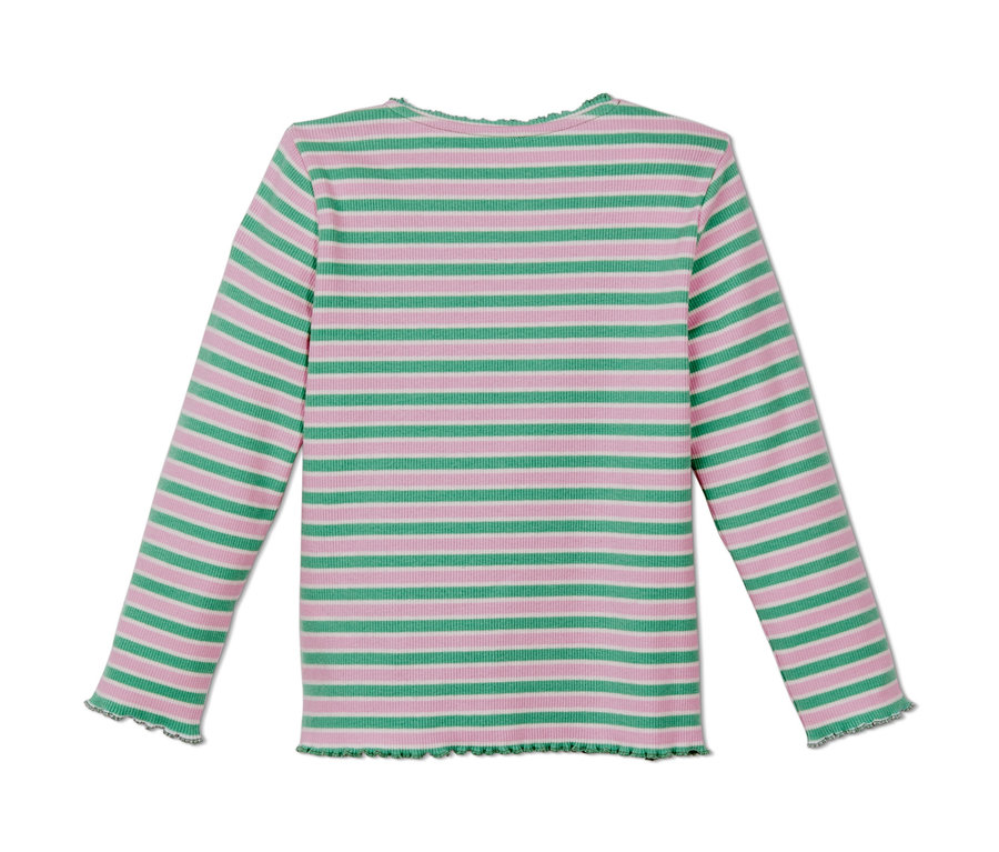Geripptes, langärmeliges Shirt mit rosa-grünen Streifen.