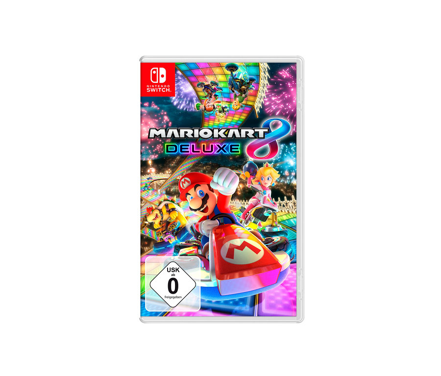 Cover des Nintendo Switch-Spiels »Mario Kart 8 Deluxe« mit den Charakteren Mario, Prinzessin Peach und Bowser auf Karts.