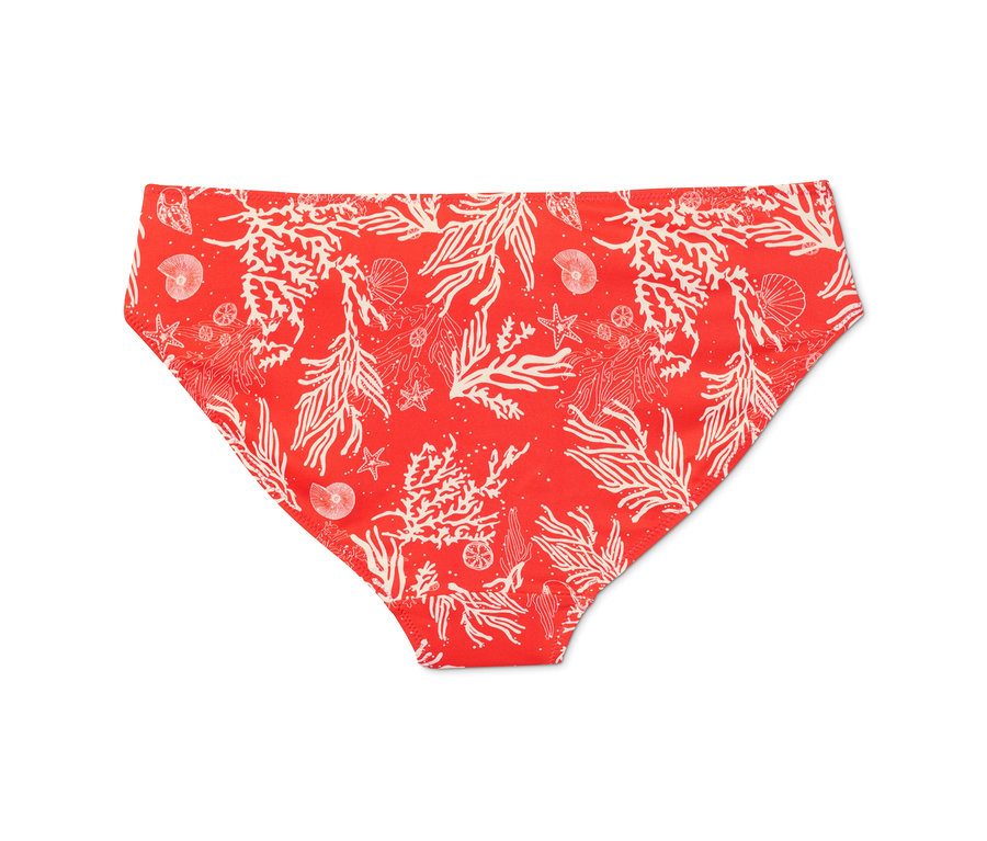 Roter Bikinislip mit recyceltem Material und weißem Korallenmuster.