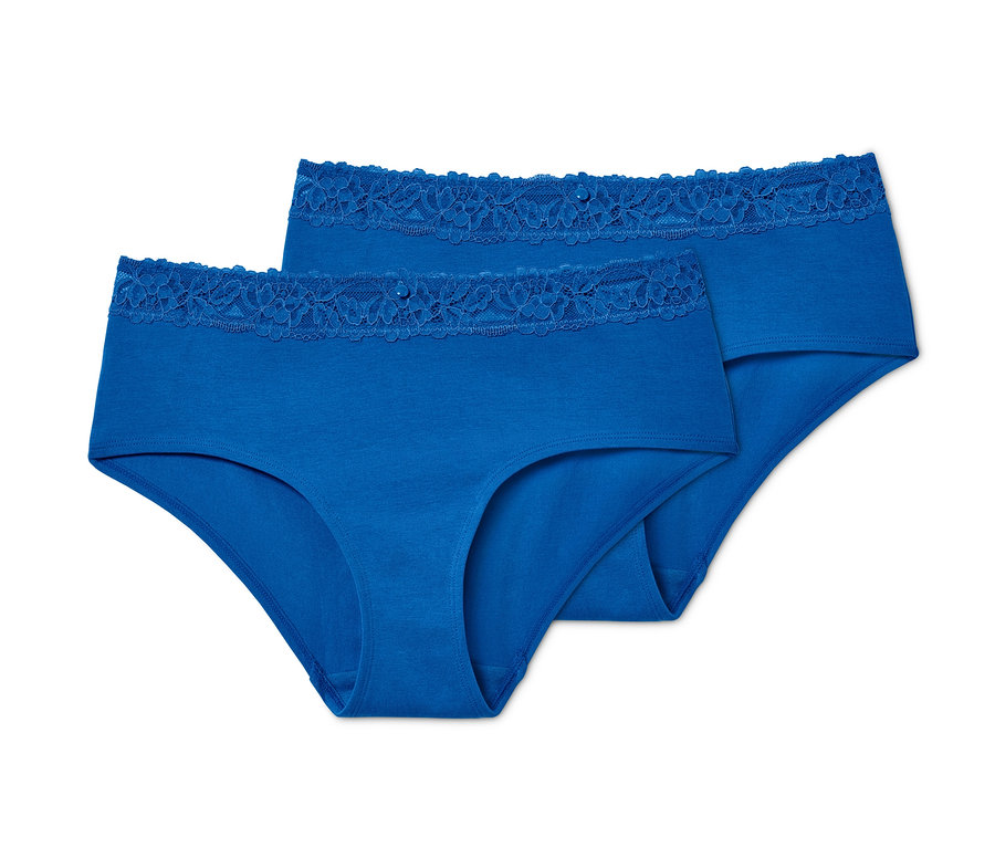 Zwei blaue Pantys mit Spitze liegen übereinander.