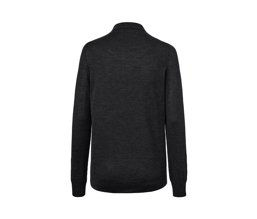 Rückansicht eines anthrazitfarbenen Merino-Pullovers mit Polokragen.