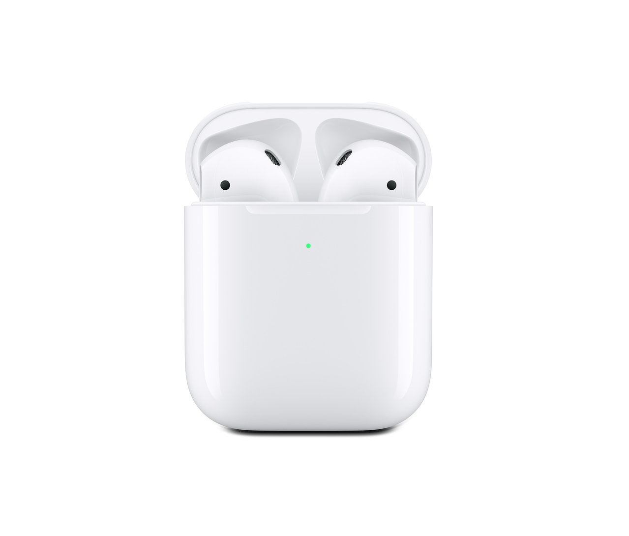 Weißes Gehäuse mit geöffnetem Deckel, im Inneren sind Apple AirPods 2. Generation Kopfhörer zu sehen.