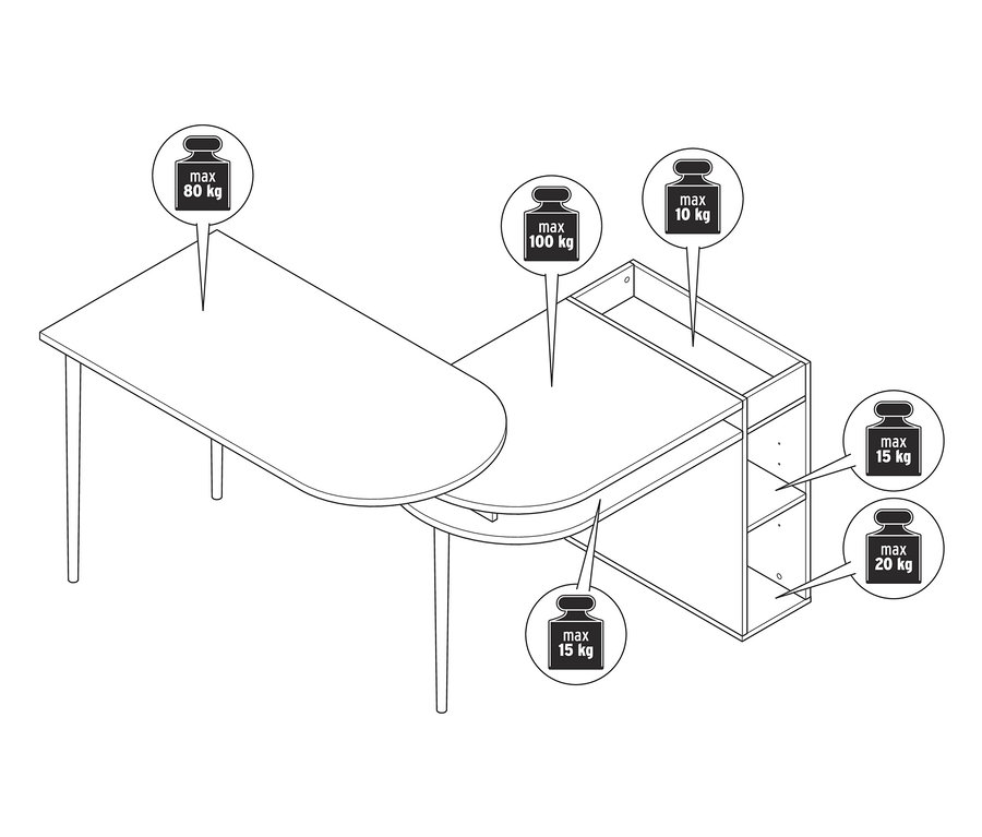 Illustration eines Multifunktionstisches mit Markierungen der maximalen Belastbarkeit der einzelnen Teile.