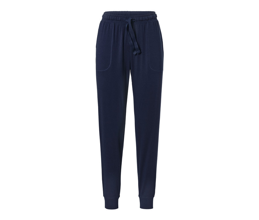 Eine marineblaue Relaxhose mit Kordelzugbund und Taschen.