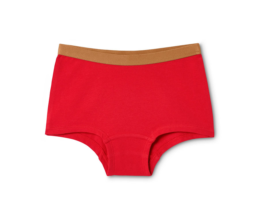 Ein Paar rote 3 Kinder-Pantys mit braunem Bund.