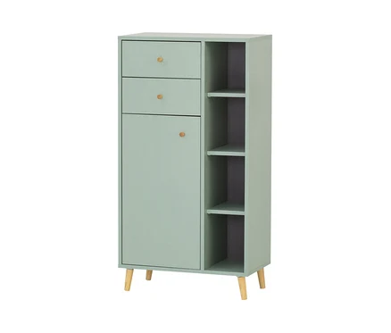 Pistaziengrünes Highboard »Bjarne« mit drei Schubladen, einer Tür und Regalen.