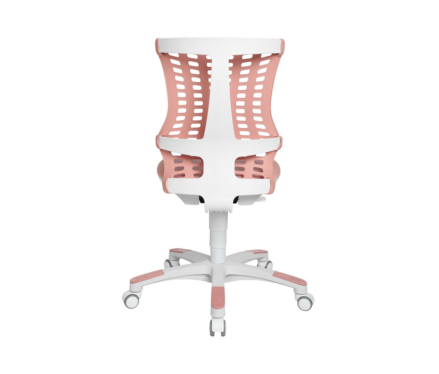 Detailansicht von hinten des rosa-weißen Topstar-Kinderschreibtischstuhls „Sitness X Chair 20“ mit Rollen.
