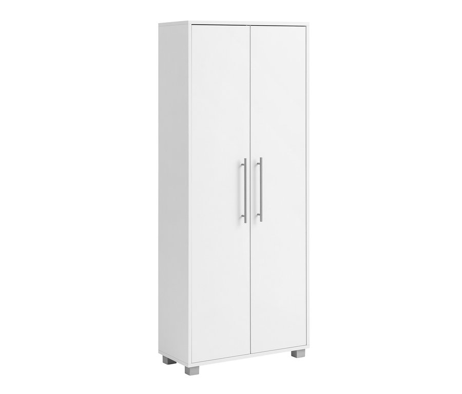 Ein weißer Schuhschrank »Modern 650G« mit zwei Türen und silbernen Griffen.