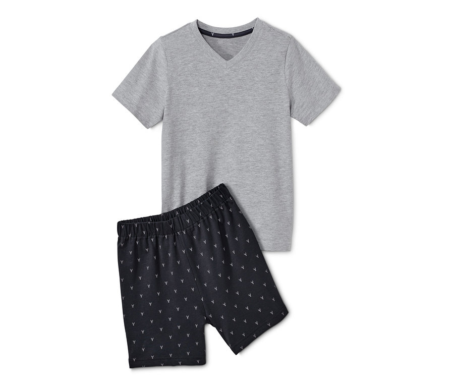 Jungen-Shorty-Pyjama: graues Kurzarm-T-Shirt und dunkelblaue Shorts mit Hirschmuster.