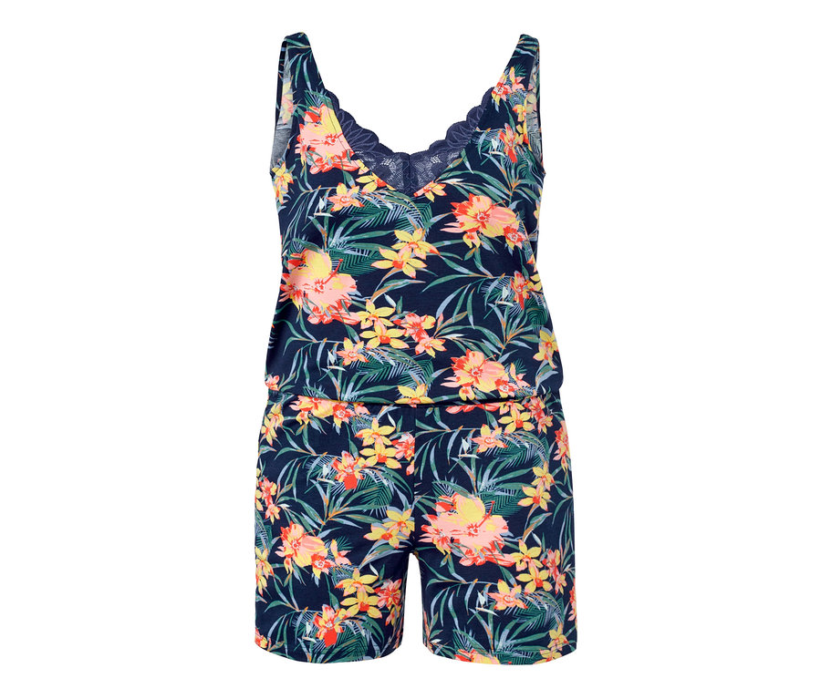 Ein marineblauer Jumpsuit-Pyjama mit Blumenmuster.
