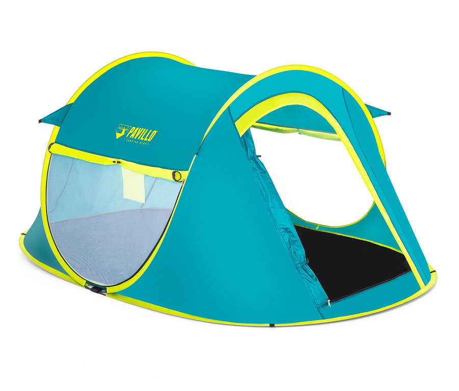 Pavillo™ Wurfzelt »Cool Mount 2« in Türkis mit gelber Bordüre auf weißem Hintergrund.