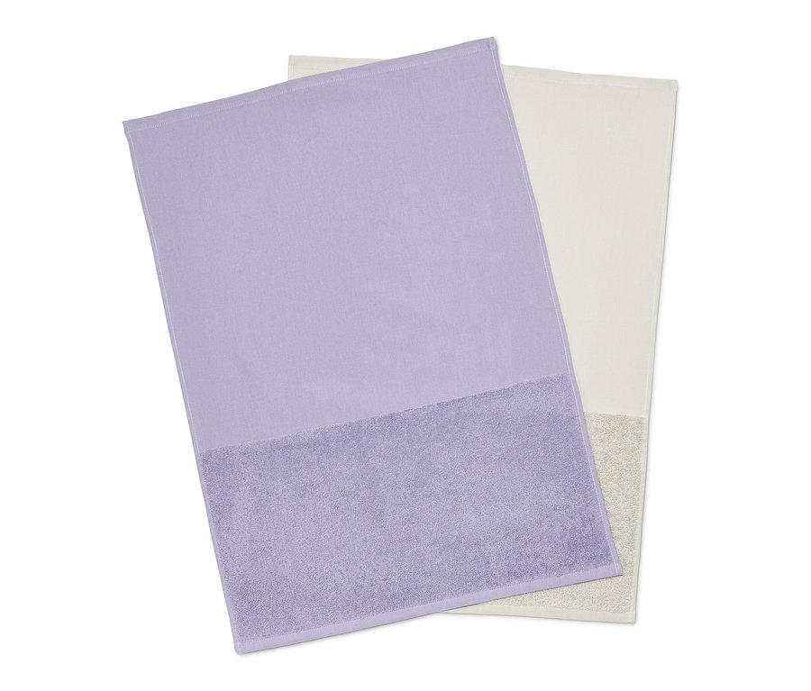 Zwei Küchenhandtücher: lila und beige.