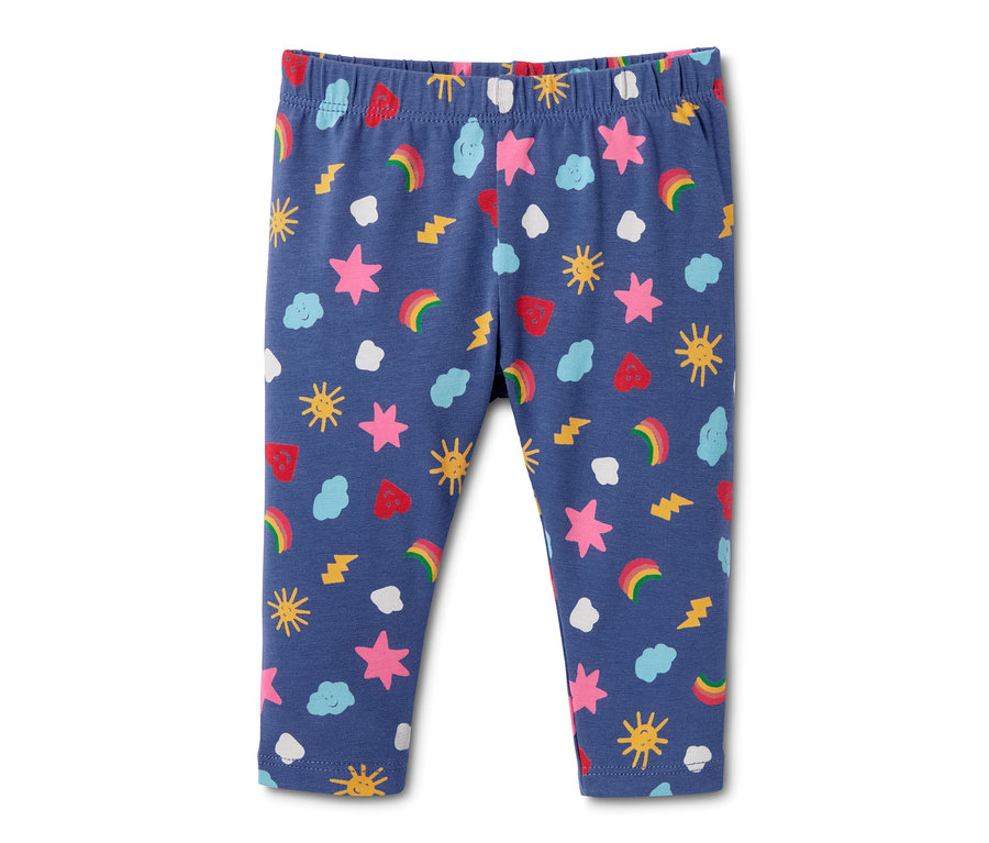 Blaue 5 Jersey-Leggings aus Bio-Baumwolle mit Stern-, Wolken-, Regenbogen- und Sonnen-Alloverprint.