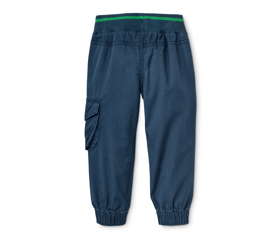 Dunkelblaue Schlupfhose mit elastischem Bund und grünen Streifen.