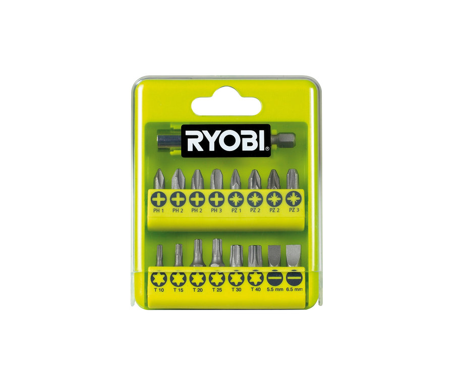 Bit-Set in gelbem Gehäuse mit verschiedenen Aufsätzen, inklusive RYOBI 4 V Akkuschrauber »R4SDP-L13C«.