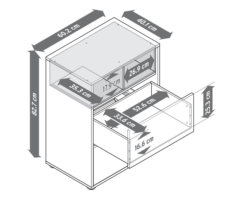 Schema einer Kommode mit Details in Eichendekor und Abmessungen.