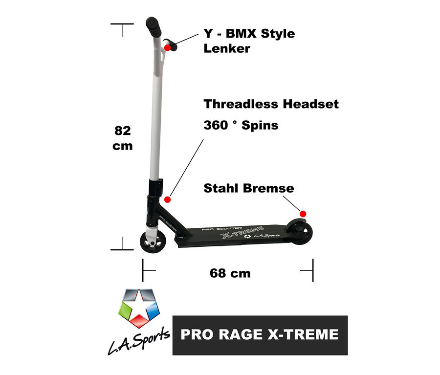 Abbildung eines schwarz-weißen L.A. Sports Alu-Stuntscooters »Pro Rage«.