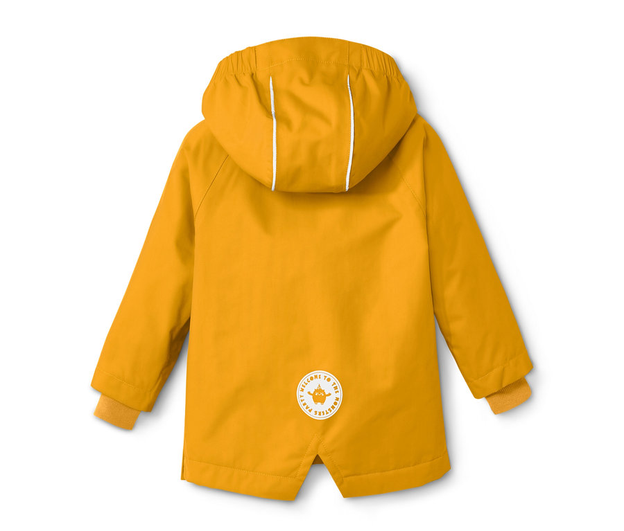 Gelbe Thermo-Regenjacke mit Kapuze und weißen Reflektorstreifen.