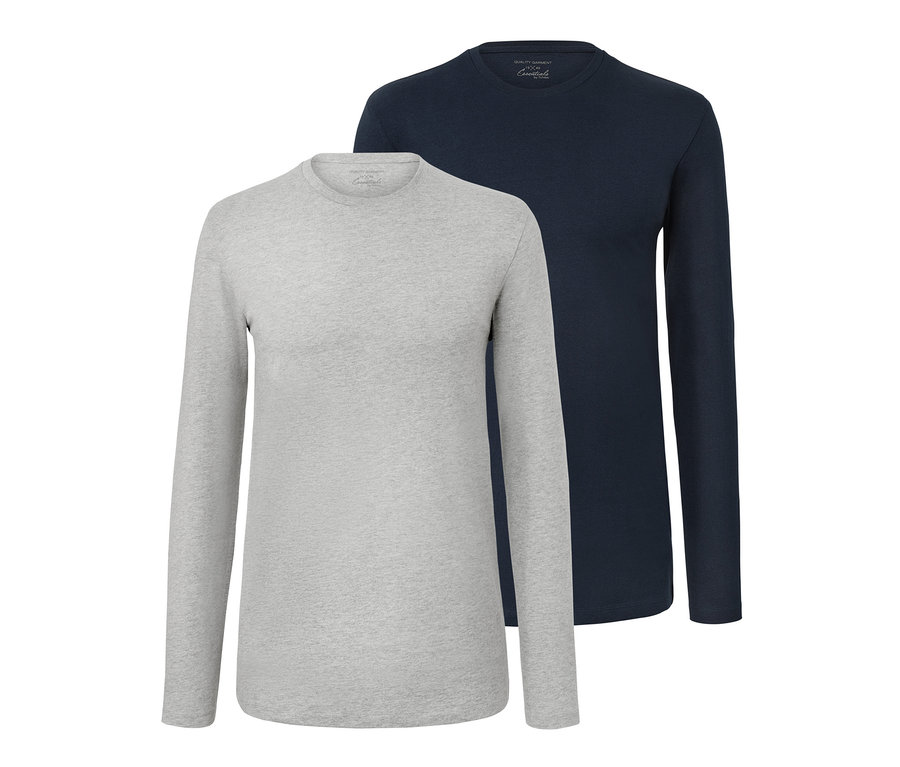 Zwei Langarmshirts, eines in Grau und eines in Dunkelblau.