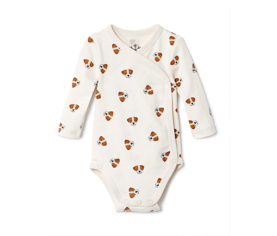 Ein weißer Babybody mit Hundemuster, 2 Stück.