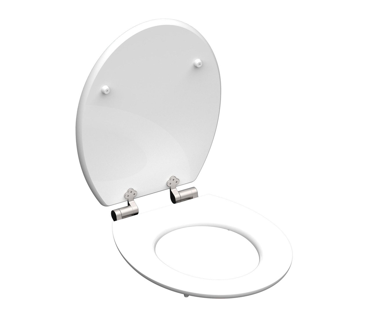 Detailansicht eines weißen WC-Sitzes »Flowers« von Schütte MDF-High-Gloss mit Absenkautomatik und Edelstahl-Scharnieren.