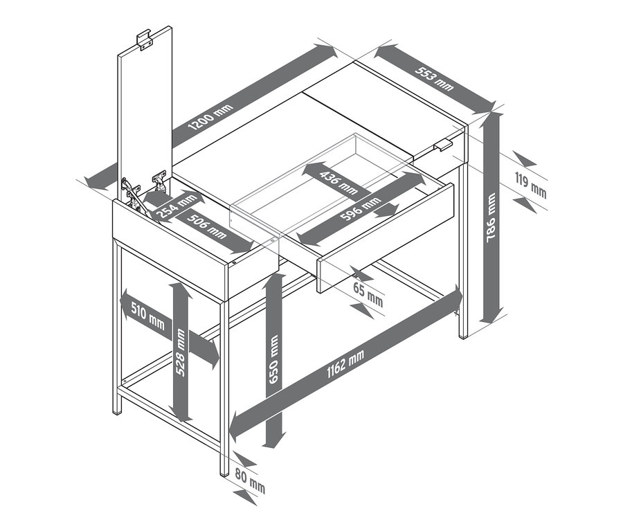 Schema eines Konsolentisches in modernem Design mit Abmessungen.