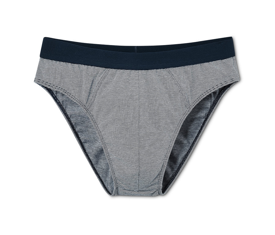 Ein einzelner 5er Pack Slip mit blauen und weißen Streifen und einem marineblauen Bund.