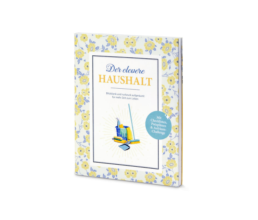 Buch "Der clevere Haushalt" mit Blumenmuster-Cover, das Putzmittel zeigt.