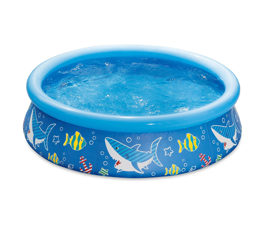 Kleiner, mit Wasser gefüllter Summer-Waves-Rundpool mit Hai- und Meeresmotiven.