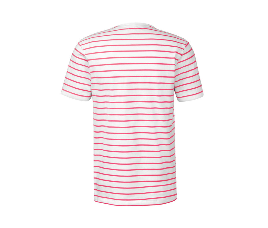 Rückansicht eines T-Shirts mit Rundhalsausschnitt mit weißen und roten horizontalen Streifen.