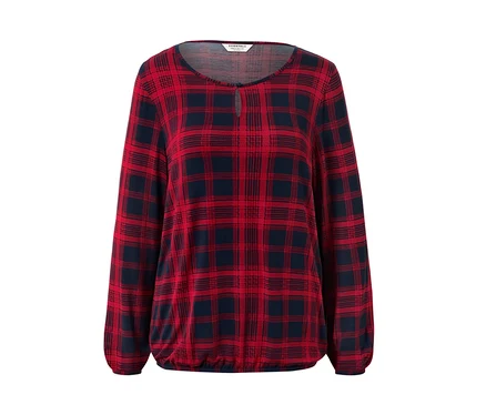 Rot-blaues Blusenshirt, kariert, mit langen Ärmeln.