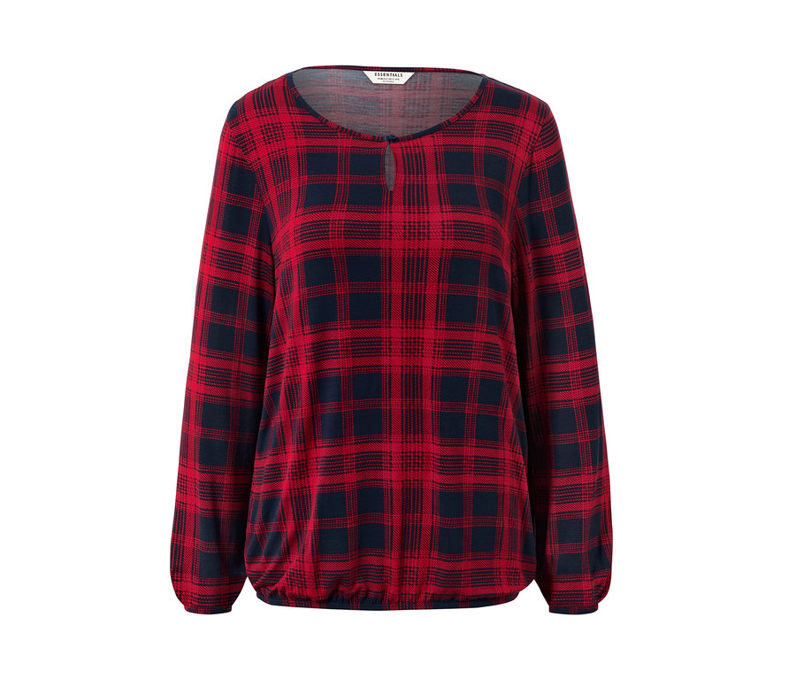 Rot-blaues Blusenshirt, kariert, mit langen Ärmeln.