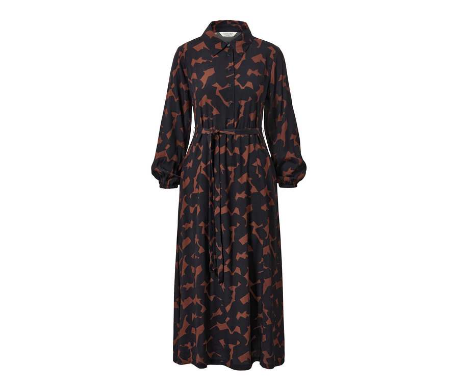 Ein bedrucktes Webkleid in Schwarz mit braunem Muster.