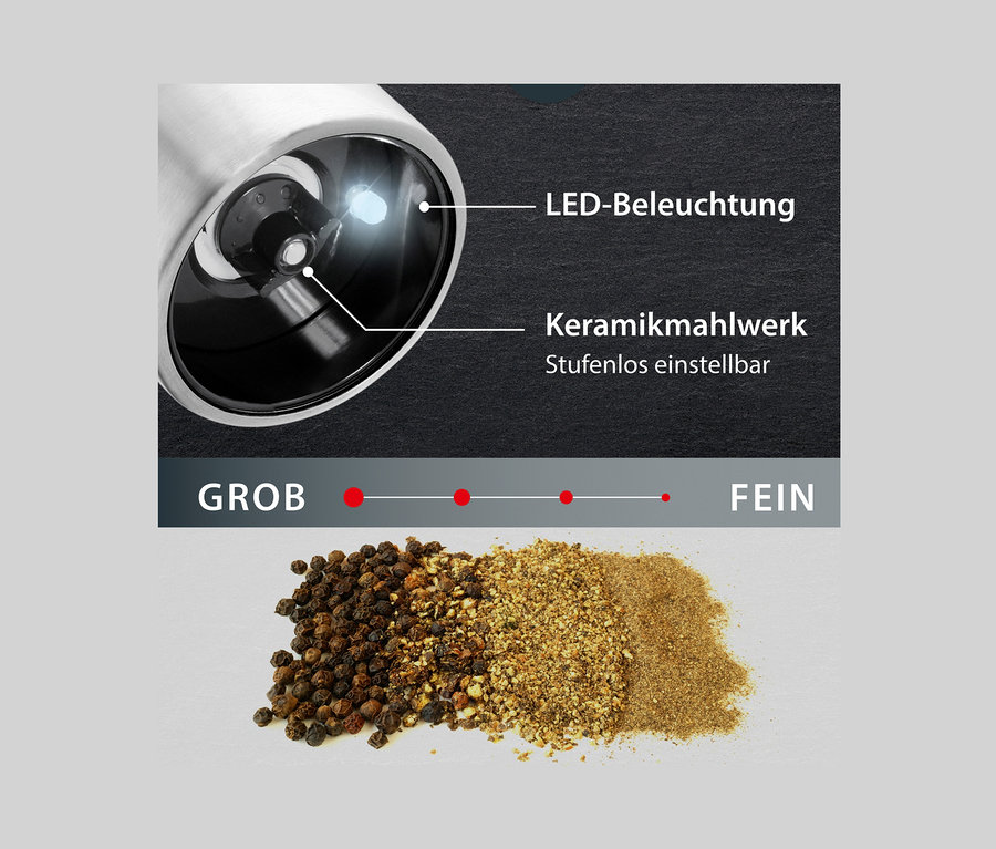 Nahaufnahme einer schwarzen, elektrischen ADE Salz- und Pfeffermühle mit Beleuchtung, Keramikmahlwerk und einstellbarem Mahlgrad.