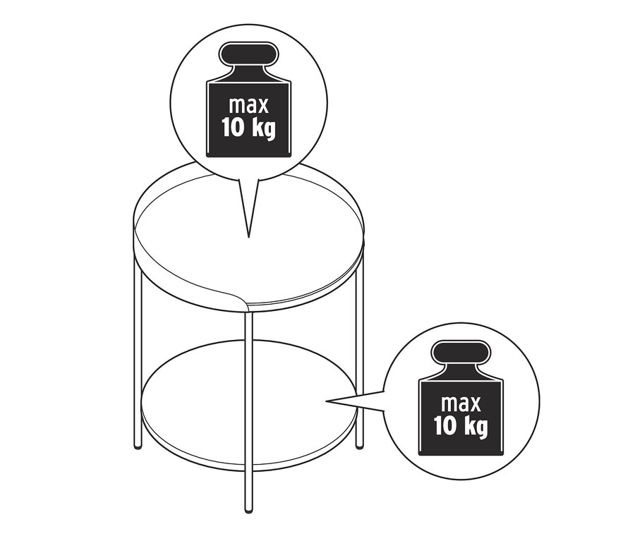 Illustration eines Beistelltischs mit Keramik-Tischplatte in Mamoroptik mit maximaler Traglast von 10 kg.
