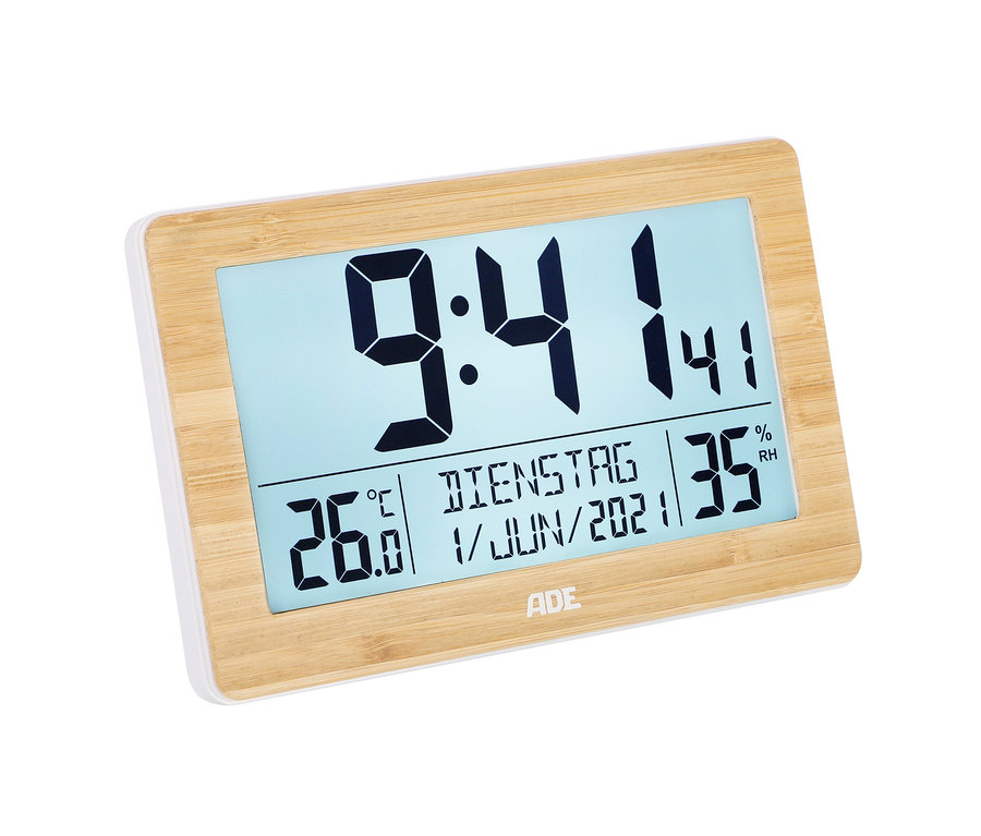 ADE DCF-Funkuhr mit XXL-Ziffern zeigt 9:41, 26.6 Grad, Dienstag, 1. Juni 2021 und 35% Luftfeuchtigkeit.