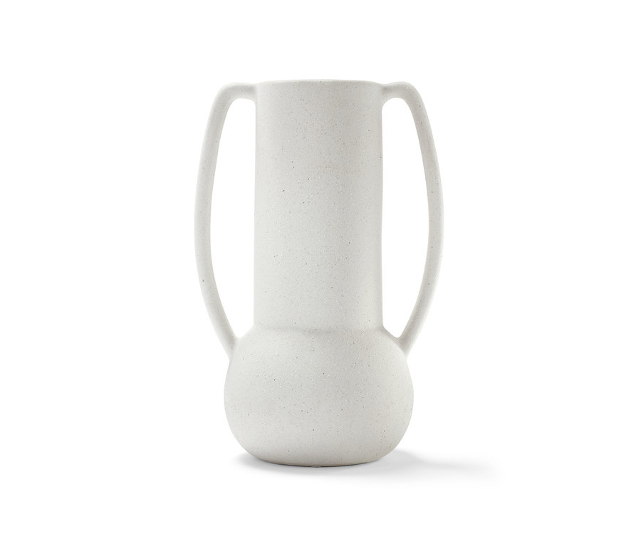 Weiße Vase mit zwei Henkeln.