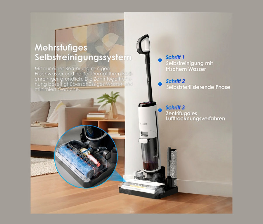 Tineco Floor One S7 Steam Plus auf Ladestation. Detailansicht der beleuchteten Reinigungsrolle.