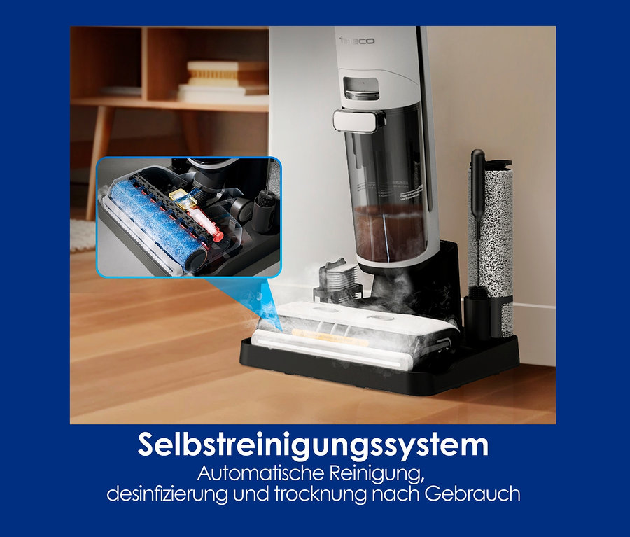 Tineco Floor One S7 Steam Plus in der Dockingstation mit Selbstreinigungsfunktion.