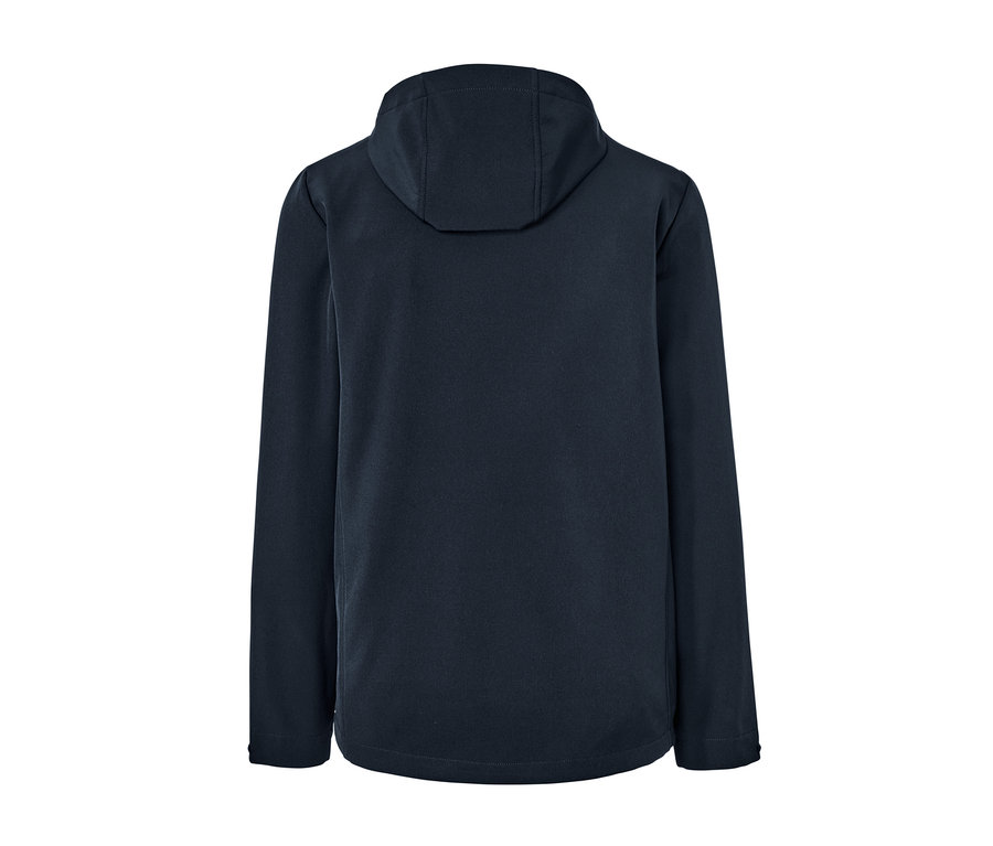 Dunkelblaue Softshelljacke von hinten mit Kapuze.