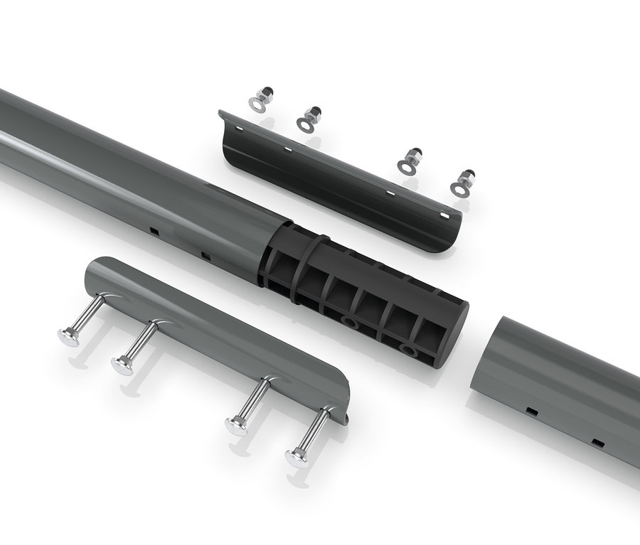 Teile des grauen EXIT Klettergerüsts MB210 auf weißem Hintergrund.