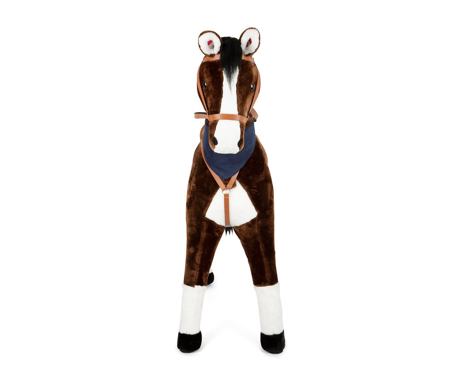 Braunes Plüsch-Stehpferd mit weißem Fleck auf der Stirn, blauem Halstuch und Zaumzeug.