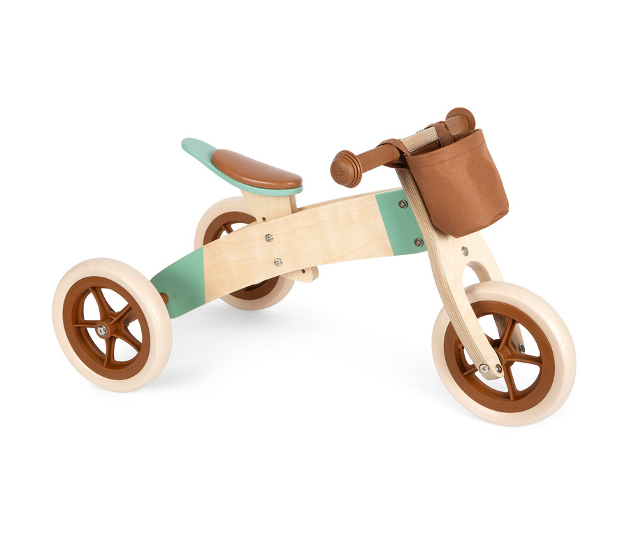 small foot Laufrad und -dreirad-Trike »Maxi« aus Holz mit braunen Details und türkisen Akzenten.