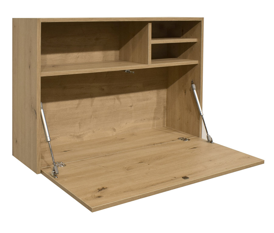 Geöffneter Hängeschrank, Eiche naturfarben, mit Regalen oben und heruntergeklappter Frontplatte.