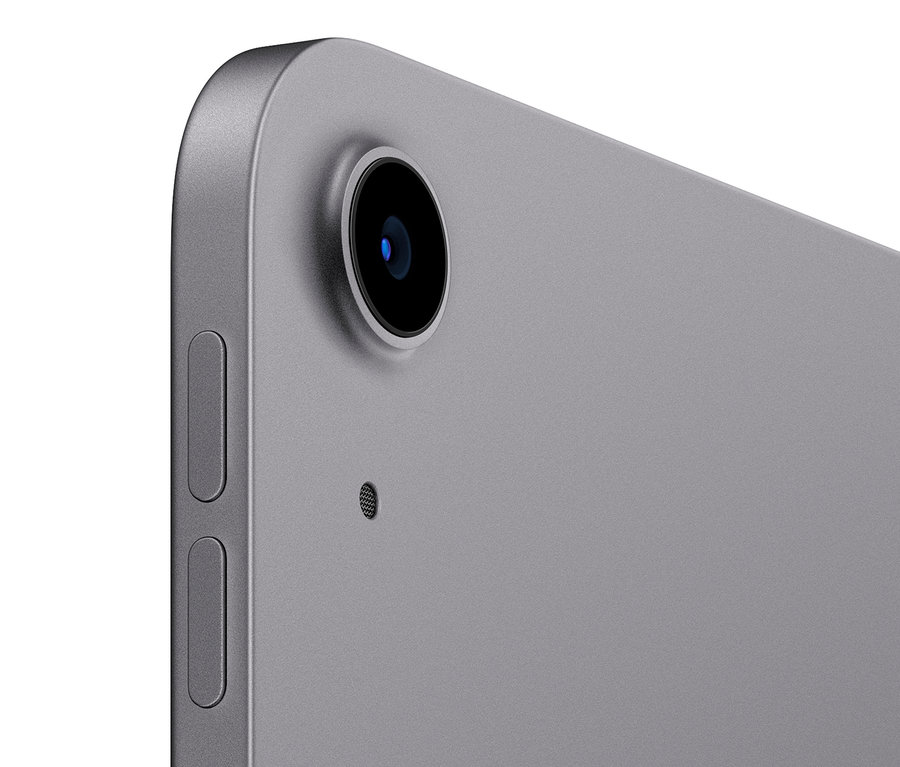 Detailansicht der Rückseite eines spacegrauen Apple iPad Air 2022 Wi-Fi mit 256 GB, mit Kameralinse und Lautstärketasten.