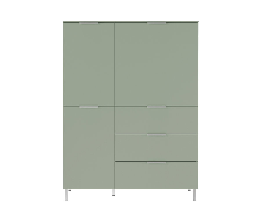 Geschlossenes, hellgrünes Highboard »Kenora« mit silbernen Griffen.