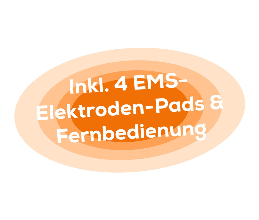 Orangefarbene Ovale mit dem Text "Inkl. 4 EMS-Elektroden-Pads & Fernbedienung".